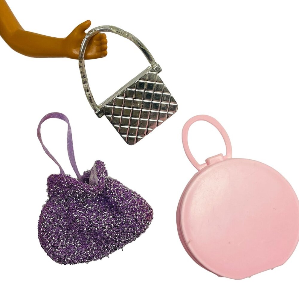 Set Of 3 Mini Doll Accessories: Silver Purse Pink Round Case & Purple Glitter Ba